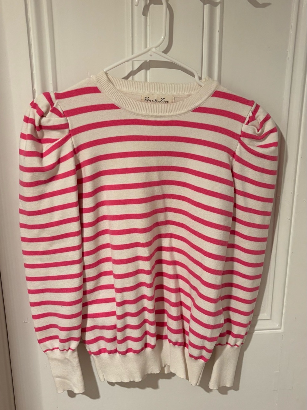 Vine & Love Cream and Pink Striped Puff Sleeve Sweater